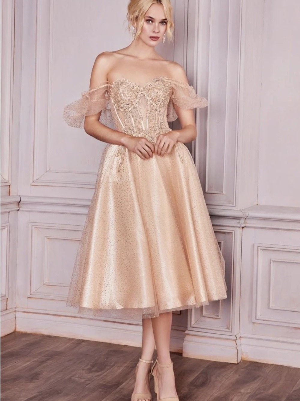 Off-Shoulder Champagne Midi Dress with Embellished Corset